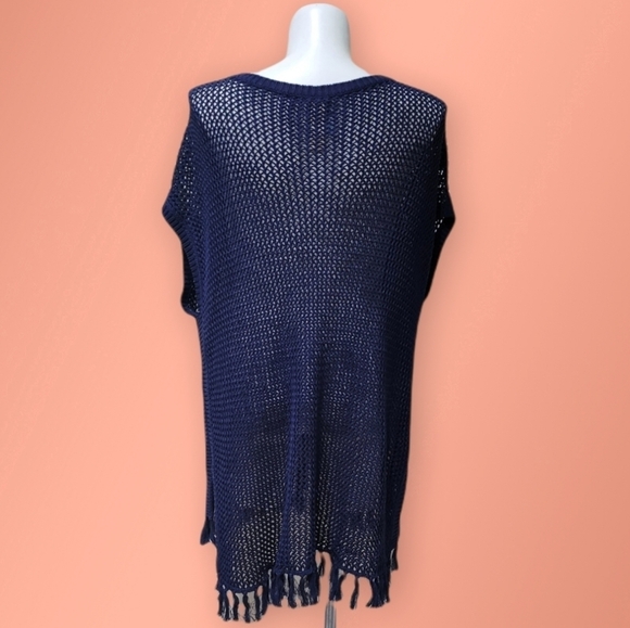 Tommy Bahama Blue Oversized Crochet Tunic Knit Fringe Top Women’s Sz S/M Caftan - Picture 2 of 10